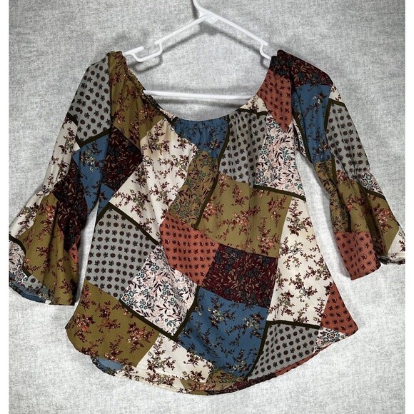 Jella C Patchwork Floral Boat Neck Top Size Small Boho - Picture 4 of 6